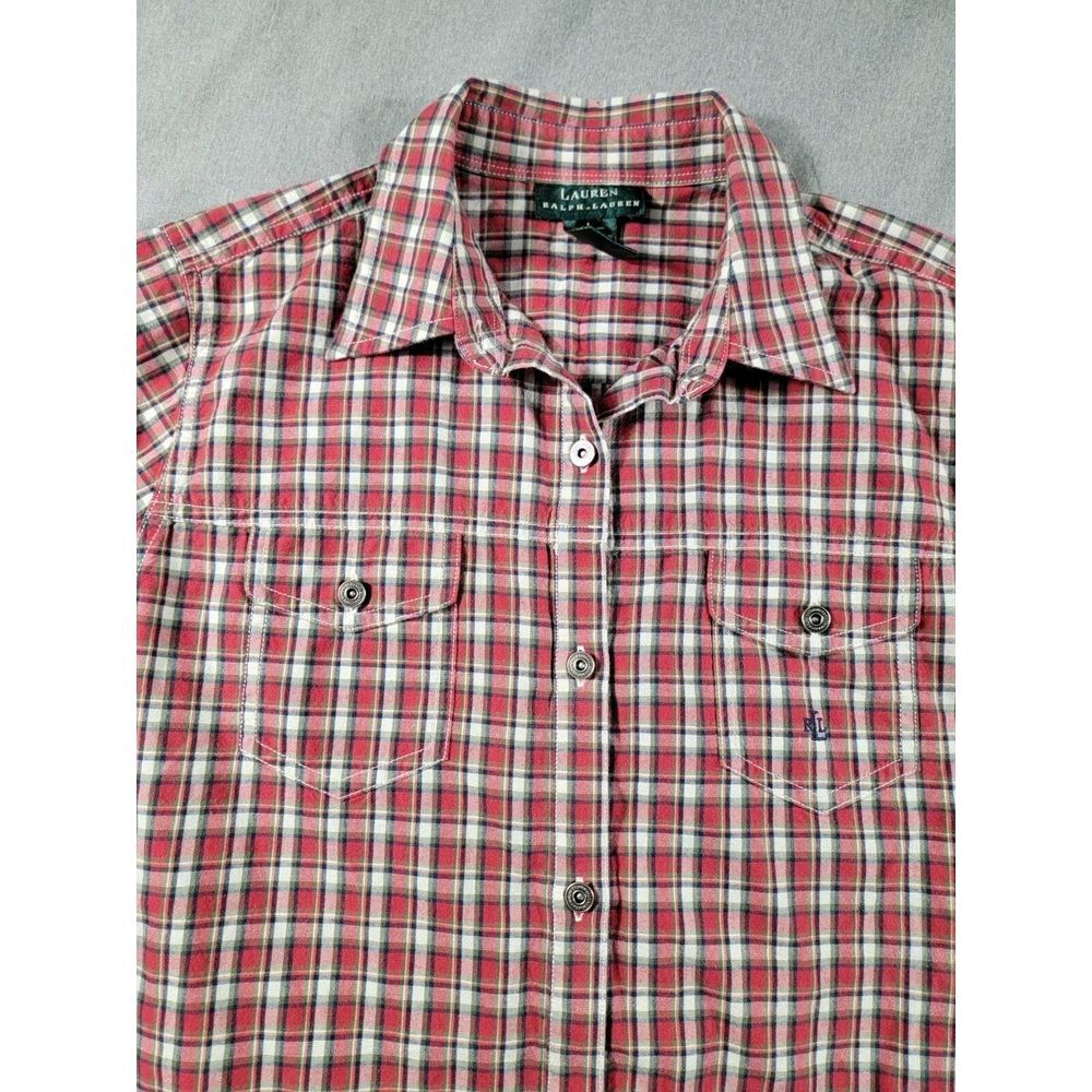 Lauren Ralph Lauren Western Shirt Large L/S Red Plaid Metal Button, Flap Pockets